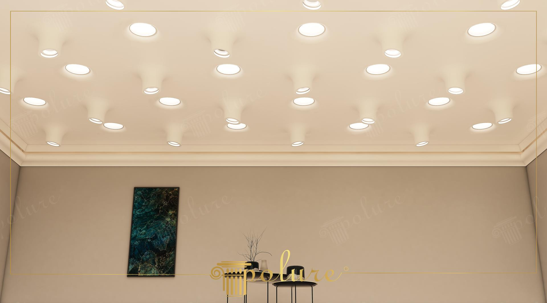 Soggiorno moderno minimalista con nicchie circolari in poliuretano P81376 e cornici decorative PA501 di Polure.