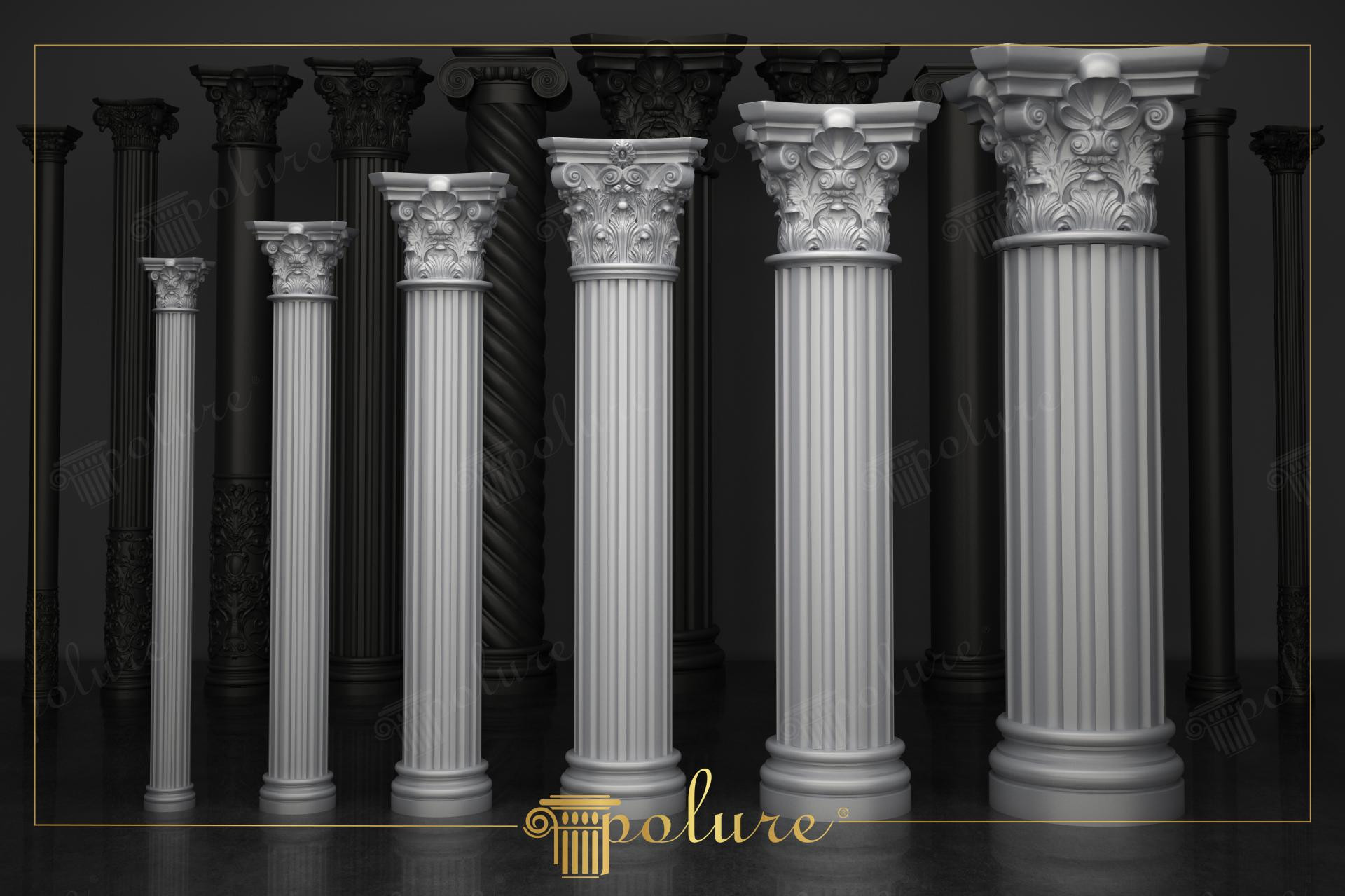 Una serie di colonne corinzie bianche in poliuretano di varie dimensioni con fusti scanalati su sfondo nero.