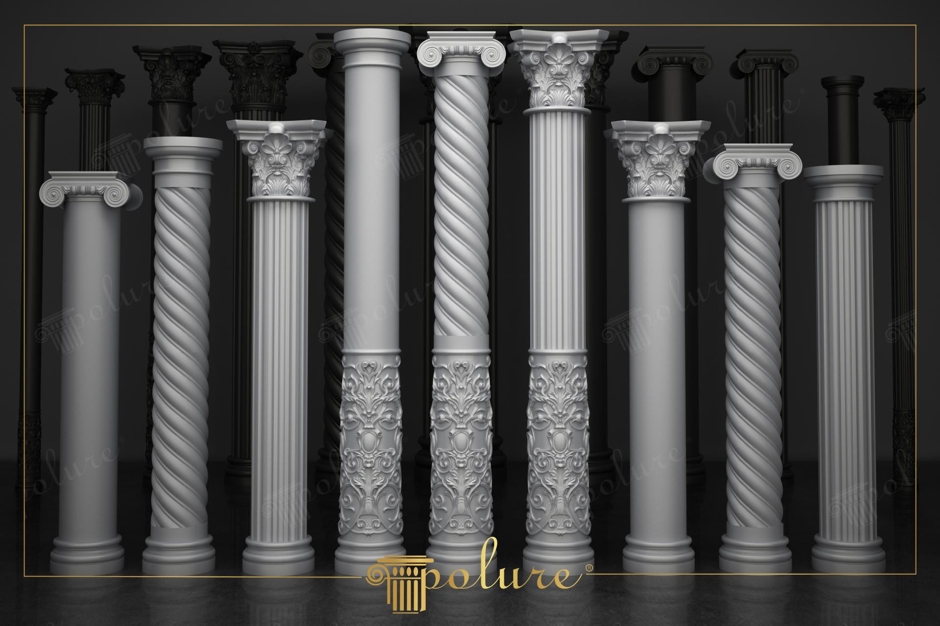Colonne Polure in poliuretano bianco con capitelli ionici e corinzi in un ambiente di studio professionale