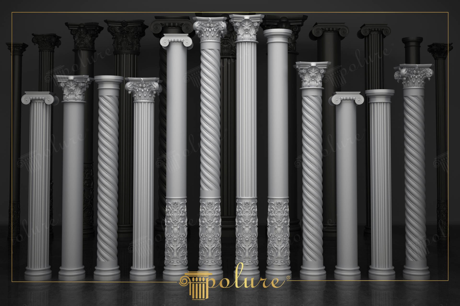 Eleganti colonne in poliuretano bianco con capitelli decorativi in stile classico su sfondo nero a contrasto.