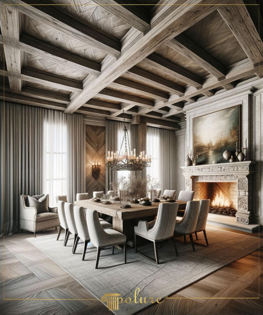Sala da pranzo rustica con soffitto a cassettoni realizzato con travi in poliuretano Polure effetto rovere.