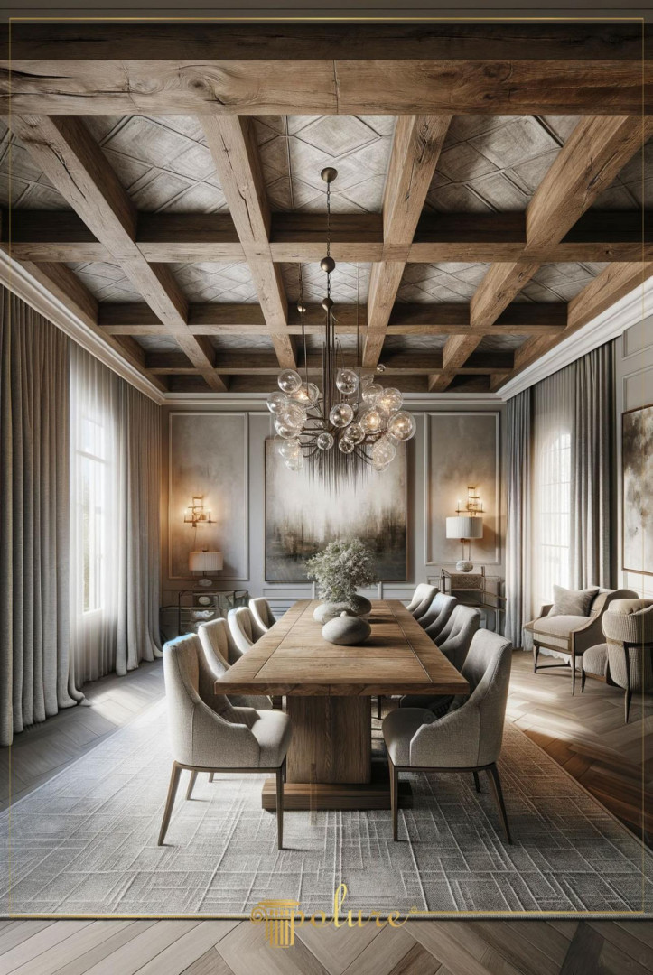 Sala da pranzo moderna con soffitto a cassettoni in poliuretano, travi effetto legno Polure e serie P1981.