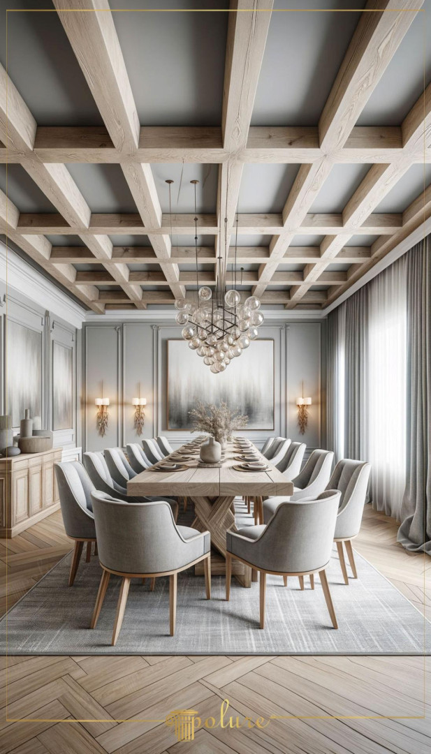 Sala da pranzo neoclassica con travi a soffitto Polure in poliuretano, pareti grigie e pavimenti a spina di pesce.