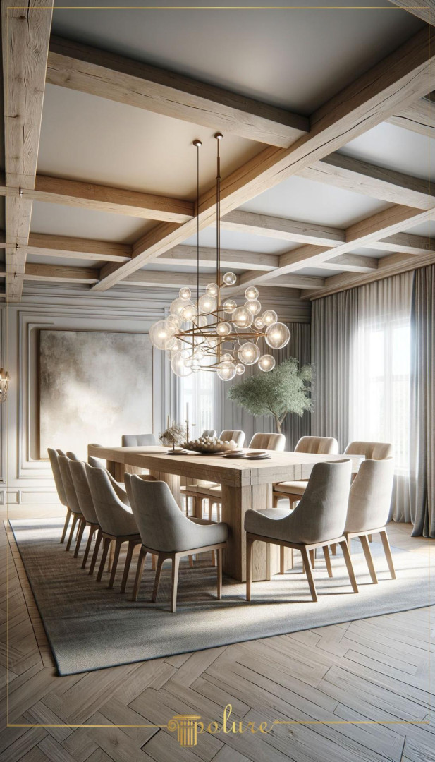 Sala da pranzo moderna con travi a soffitto effetto legno Polure P1981 e modanature neoclassiche a parete.