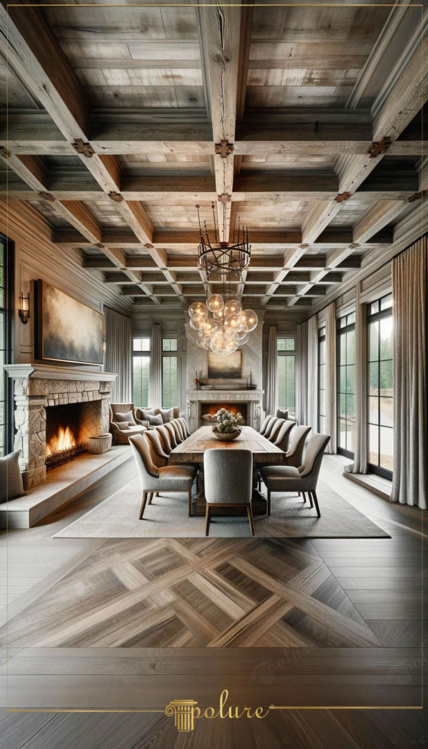 Elegante sala da pranzo rustica con soffitto decorativo Polure in poliuretano e travi finitura legno antico.