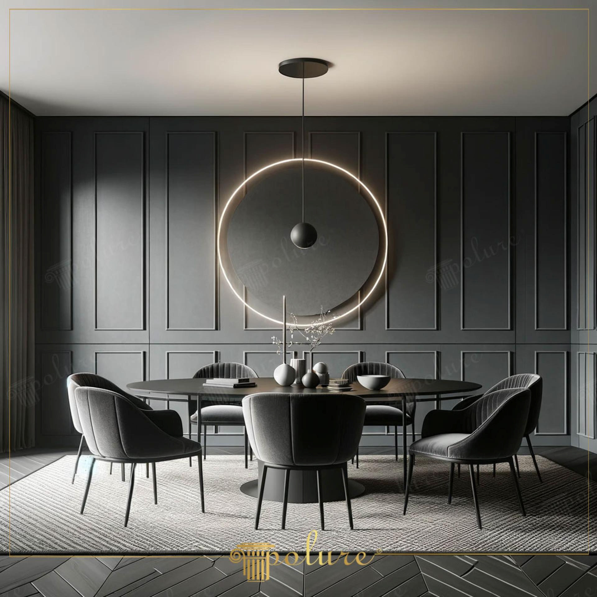 Sala da pranzo moderna in antracite con pannelli murali verticali in poliuretano Polure e design sofisticato.