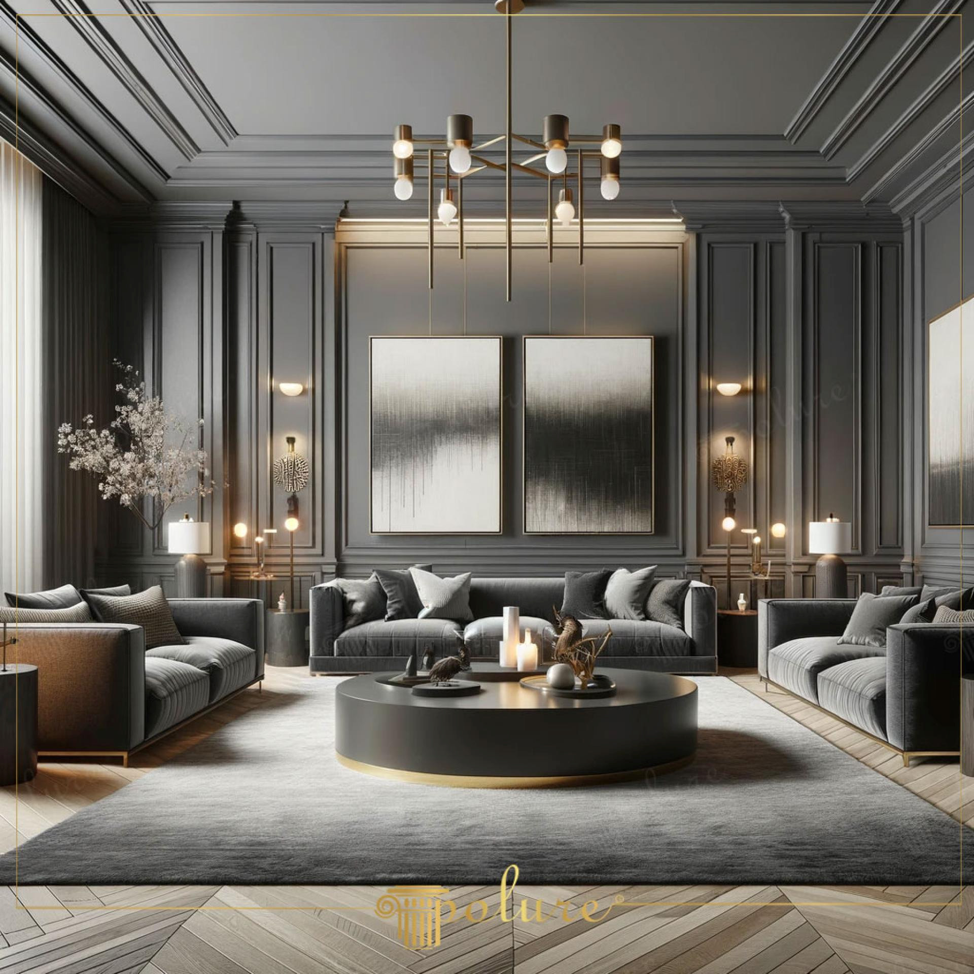 Sophisticated living room with dark anthracite polyurethane wall paneling, P85015 borders, and P851350 ceiling cornices.