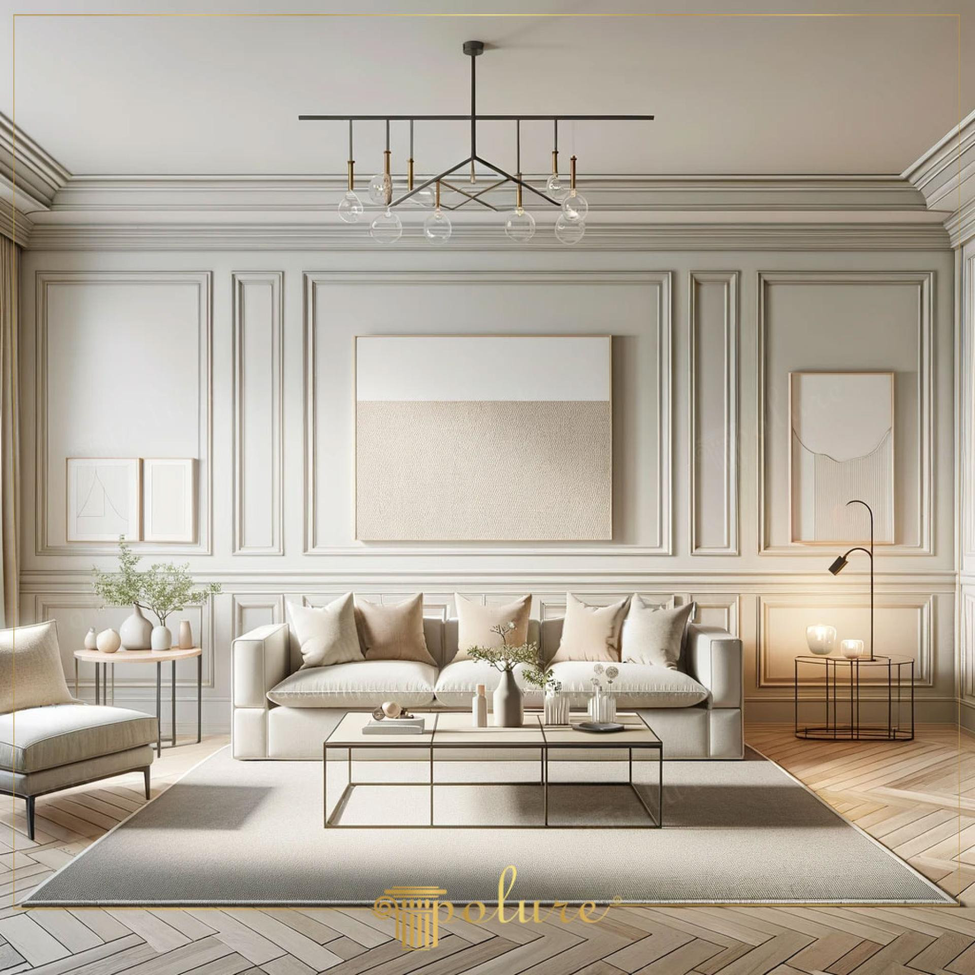 Modern living room featuring neoclassical polyurethane wall paneling with cream tones and herringbone flooring.