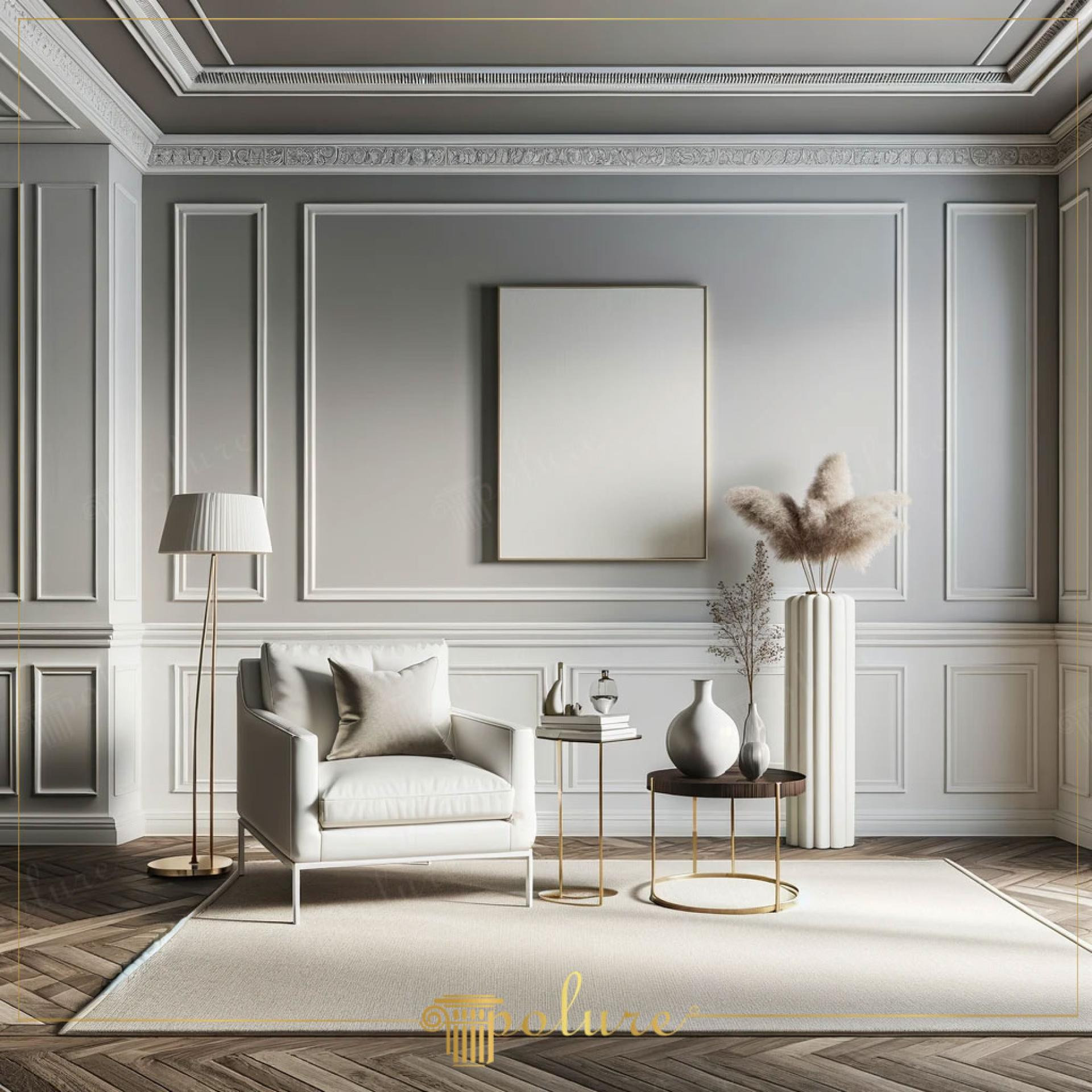 Design del soggiorno neoclassico con modanature Polure in poliuretano, pannelli boiserie bianchi e pareti grigie.