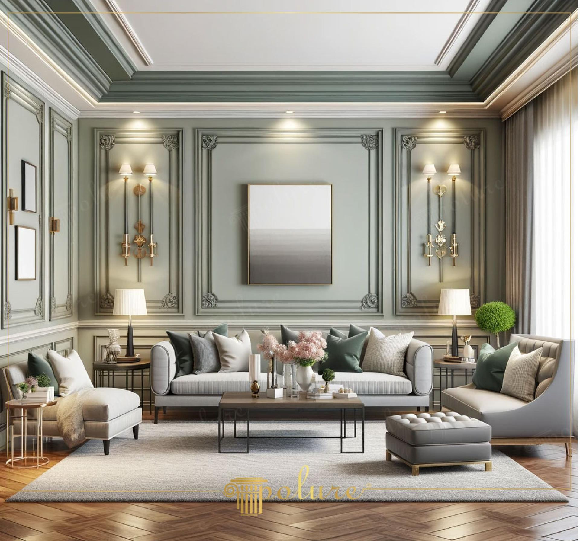 Modern living room with sage green walls featuring Polure polyurethane wall moldings and anthracite ceiling details.