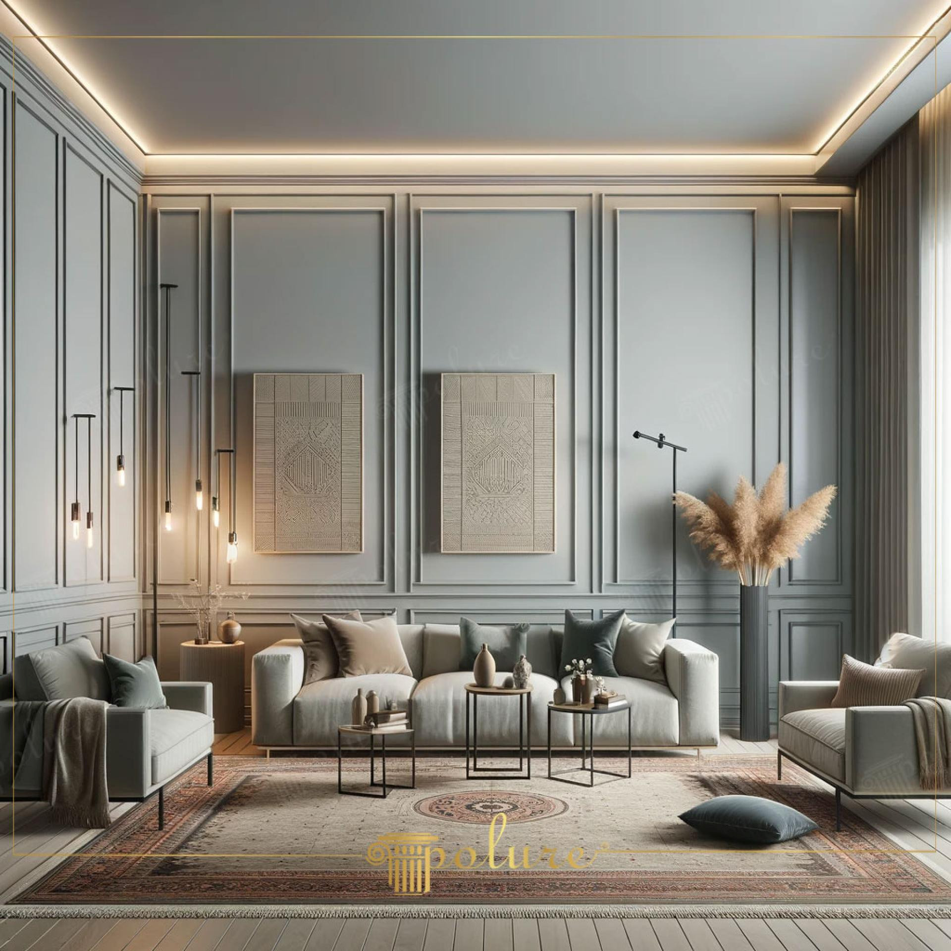 Soggiorno neoclassico con pannelli in poliuretano Polure, modanature P85008 e design d'interni elegante in grigio visone.