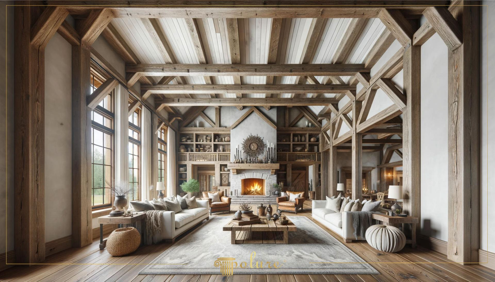 Soggiorno rustico con travi decorative in poliuretano effetto legno Polure e camino in pietra in stile country chic.