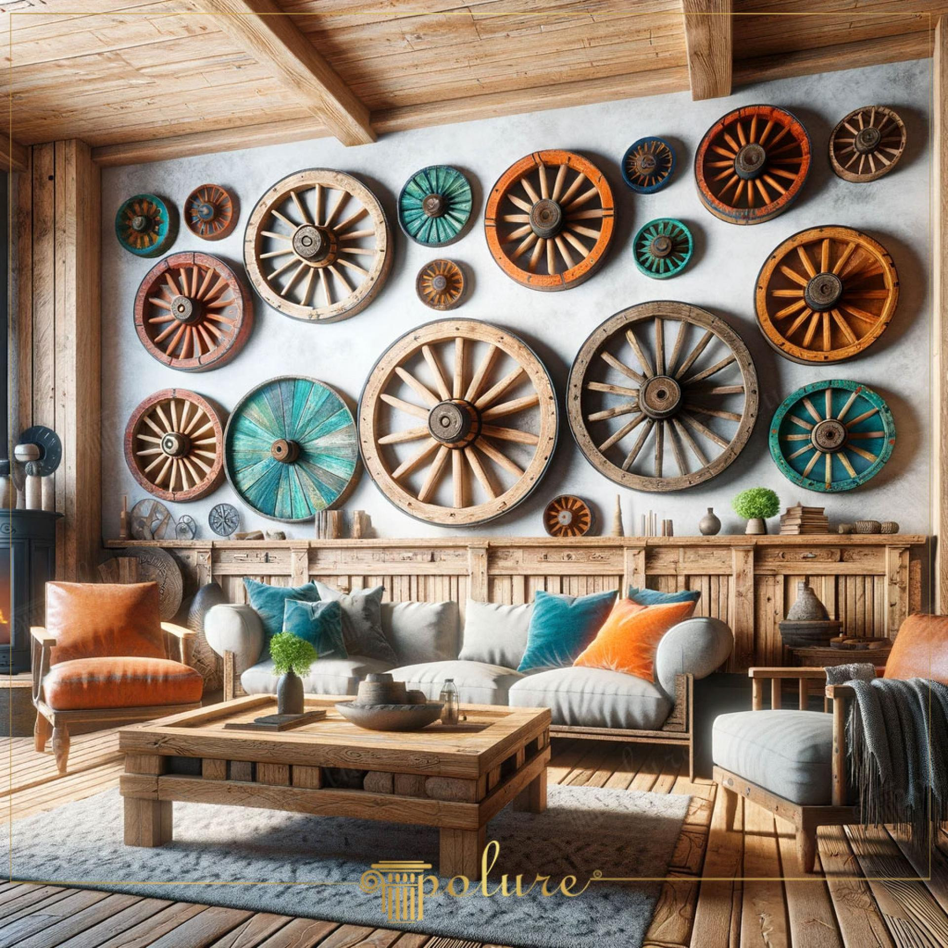 Soggiorno rustico con pannelli decorativi a ruota e travi in poliuretano Polure effetto legno naturale.