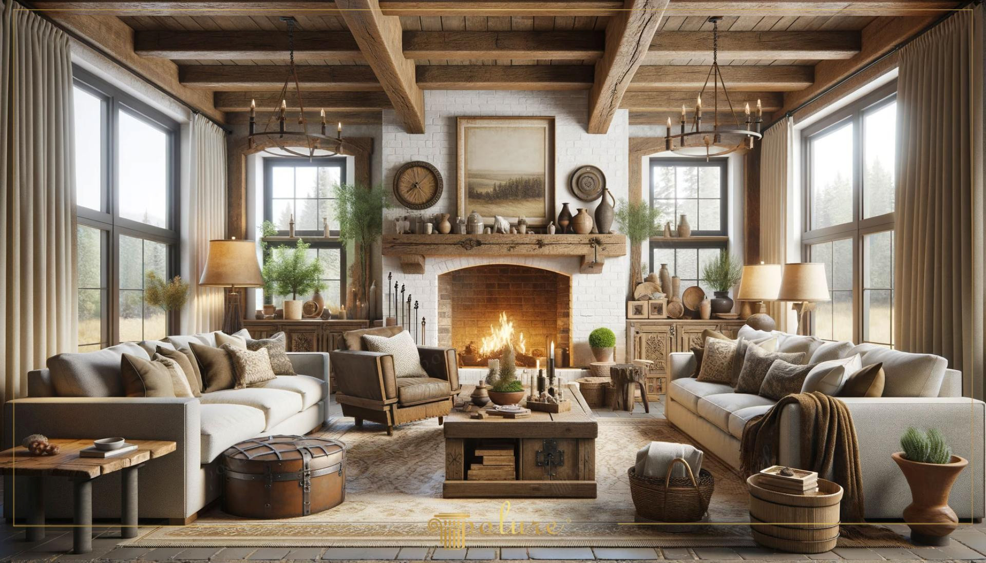 Interno di un salone rustico con travi a soffitto in poliuretano Polure, pareti in mattoni bianchi e arredamento in stile farmhouse.