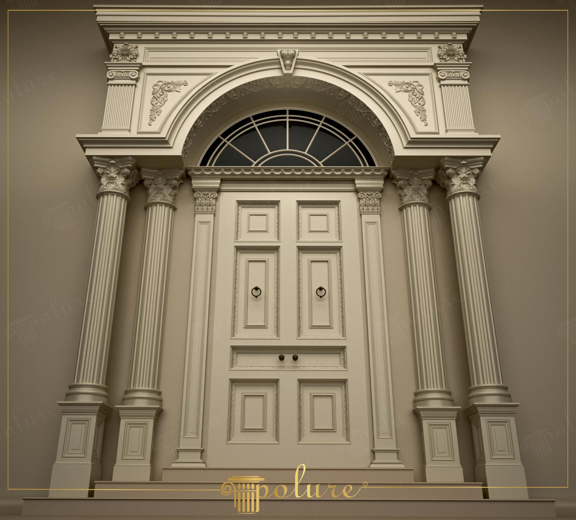 Ingresso maestoso di una villa neoclassica con colonne scanalate Polure P5030, capitelli corinzi e archi decorativi in poliuretano.