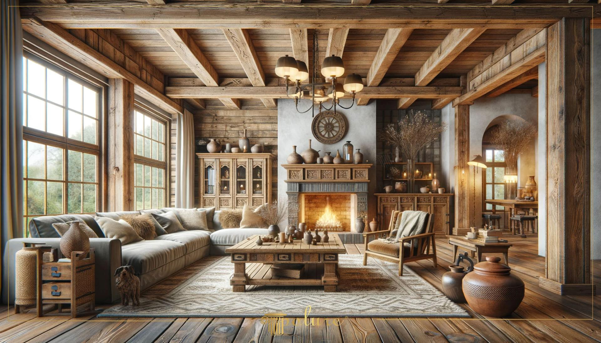 Soggiorno rustico con travi decorative in poliuretano Polure a soffitto e camino in pietra naturale.