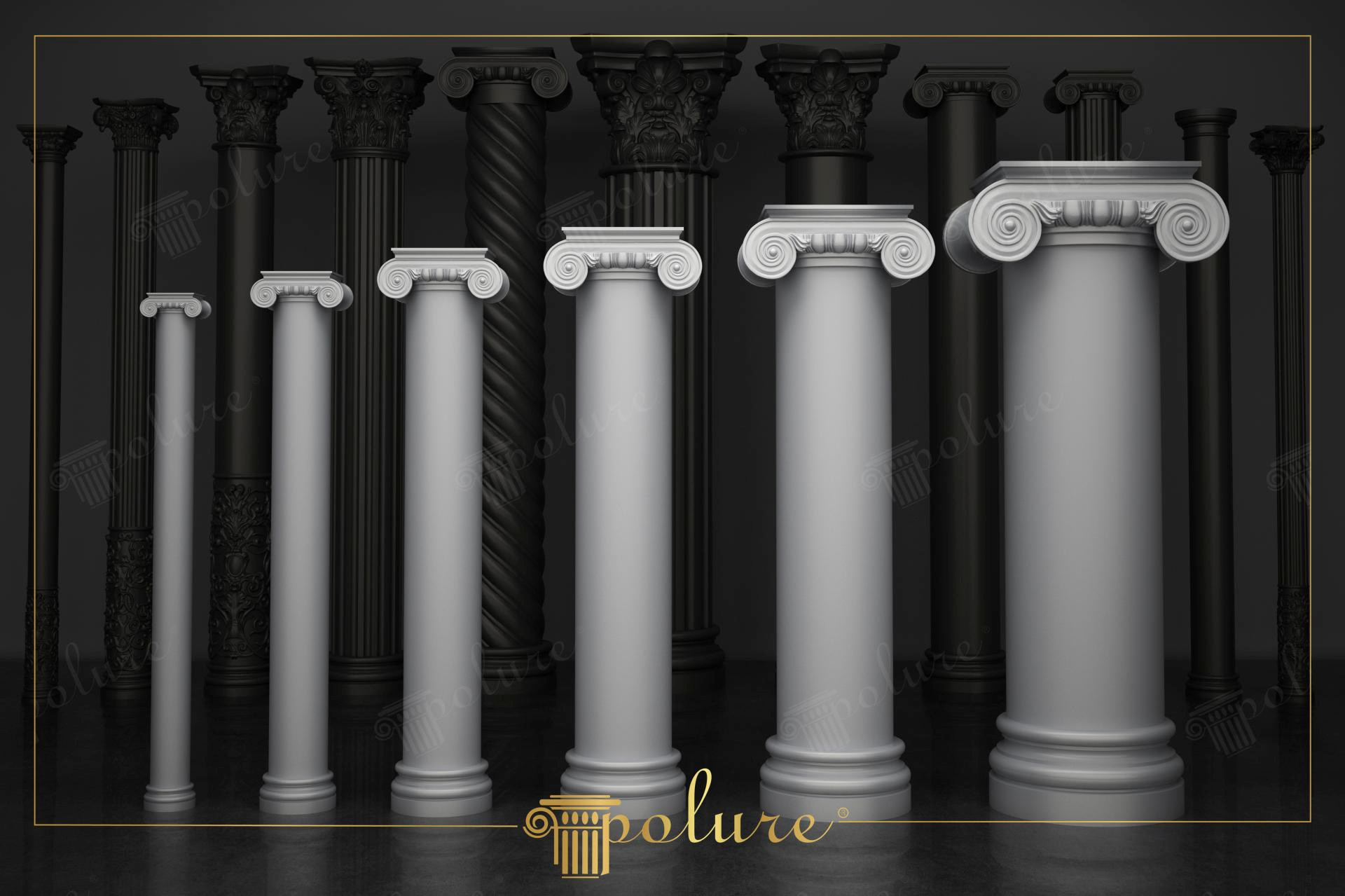 Collezione di colonne in poliuretano bianco Polure con capitelli ionici di vari diametri (20-60 cm) su sfondo scuro.