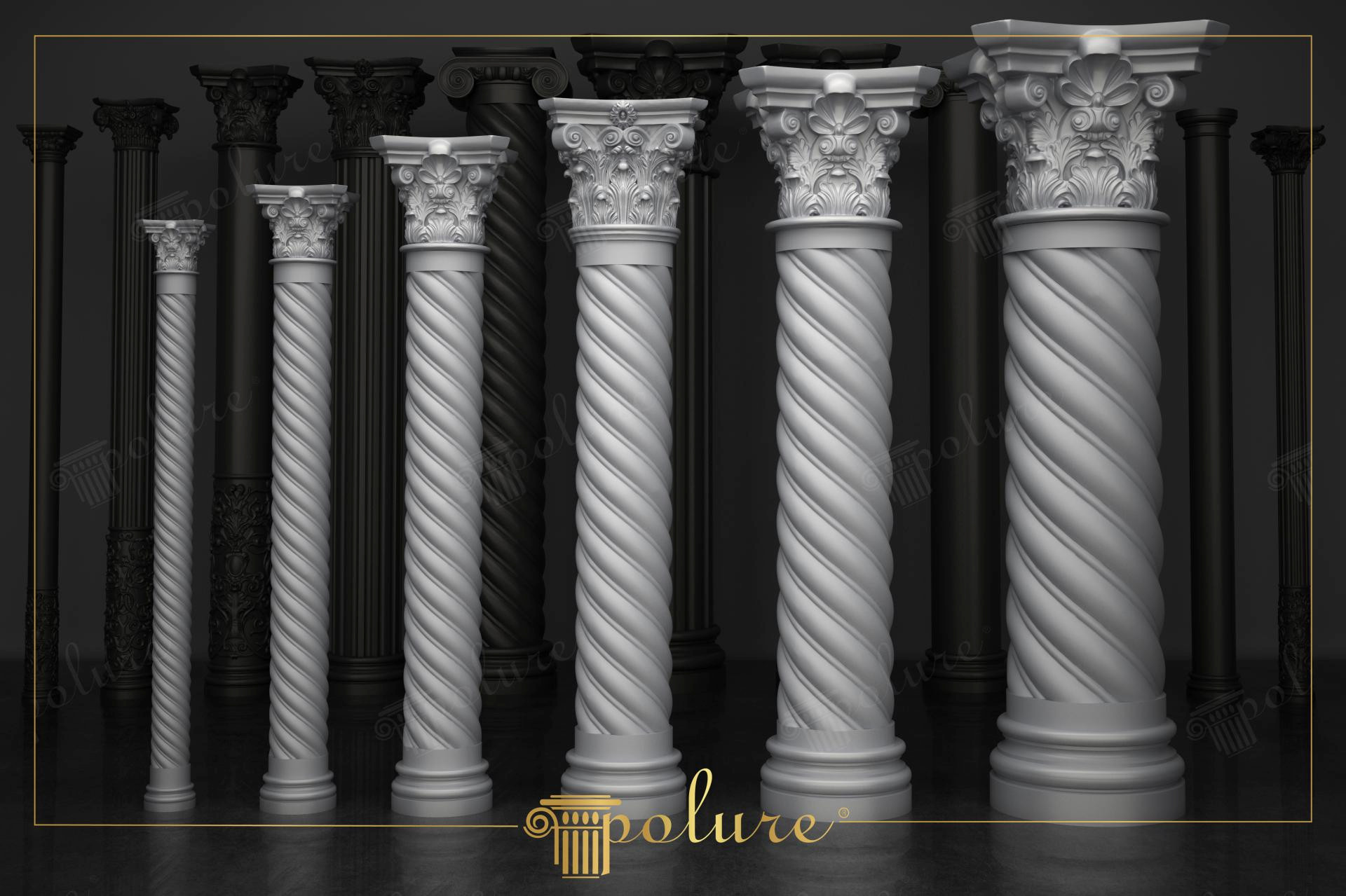 Colonne scanalate in poliuretano bianco con scanalature elicoidali e capitelli corinzi su sfondo scuro