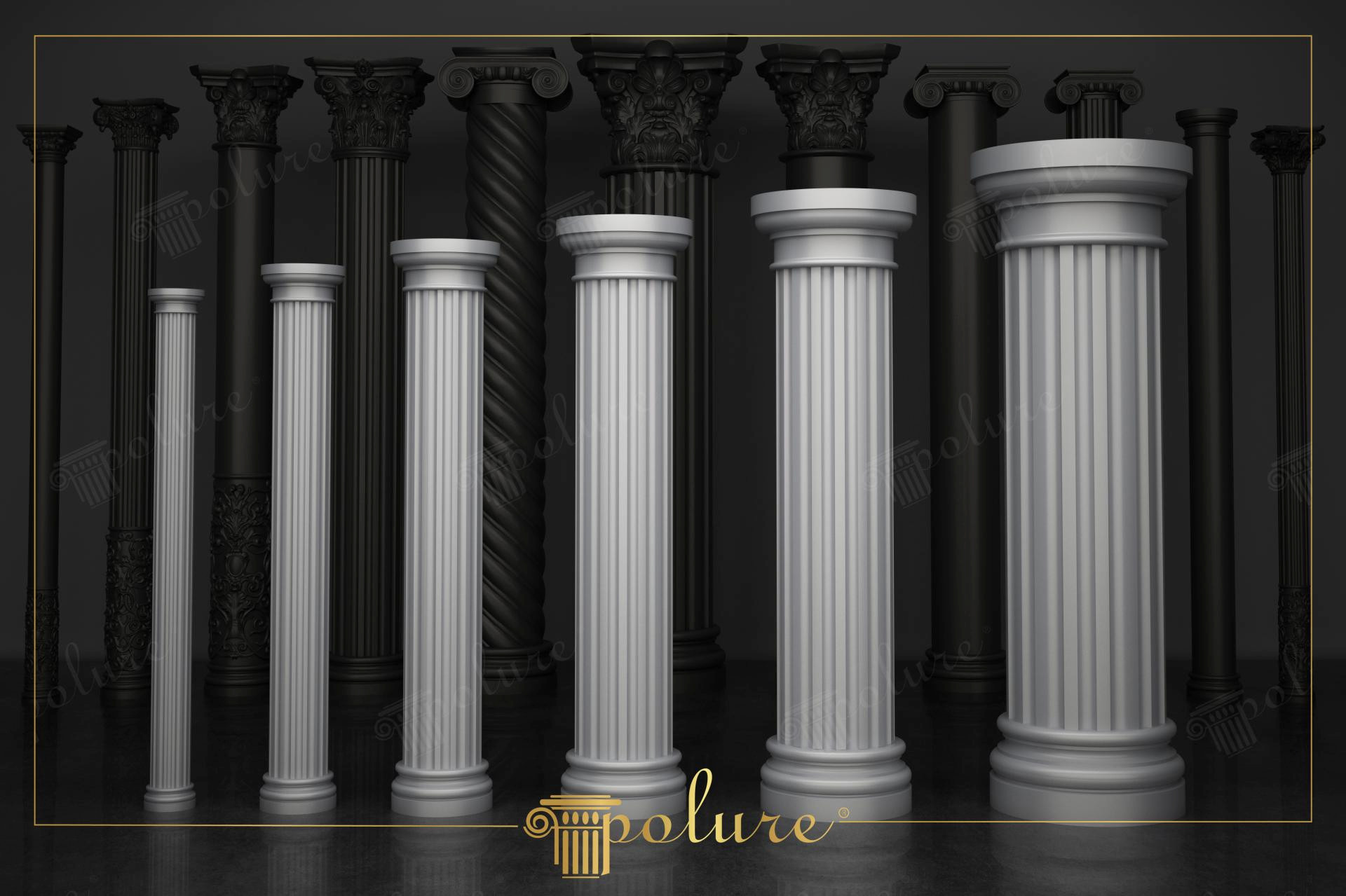 Diverse colonne bianche in poliuretano con fusti scanalati e capitelli classici esposte su uno sfondo scuro ed elegante.