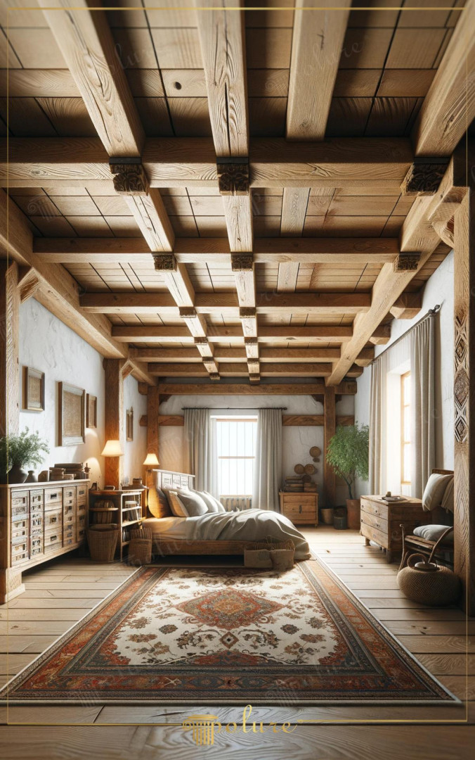 Camera da letto rustica con travi decorative a soffitto in poliuretano serie Polure P1981 effetto legno.