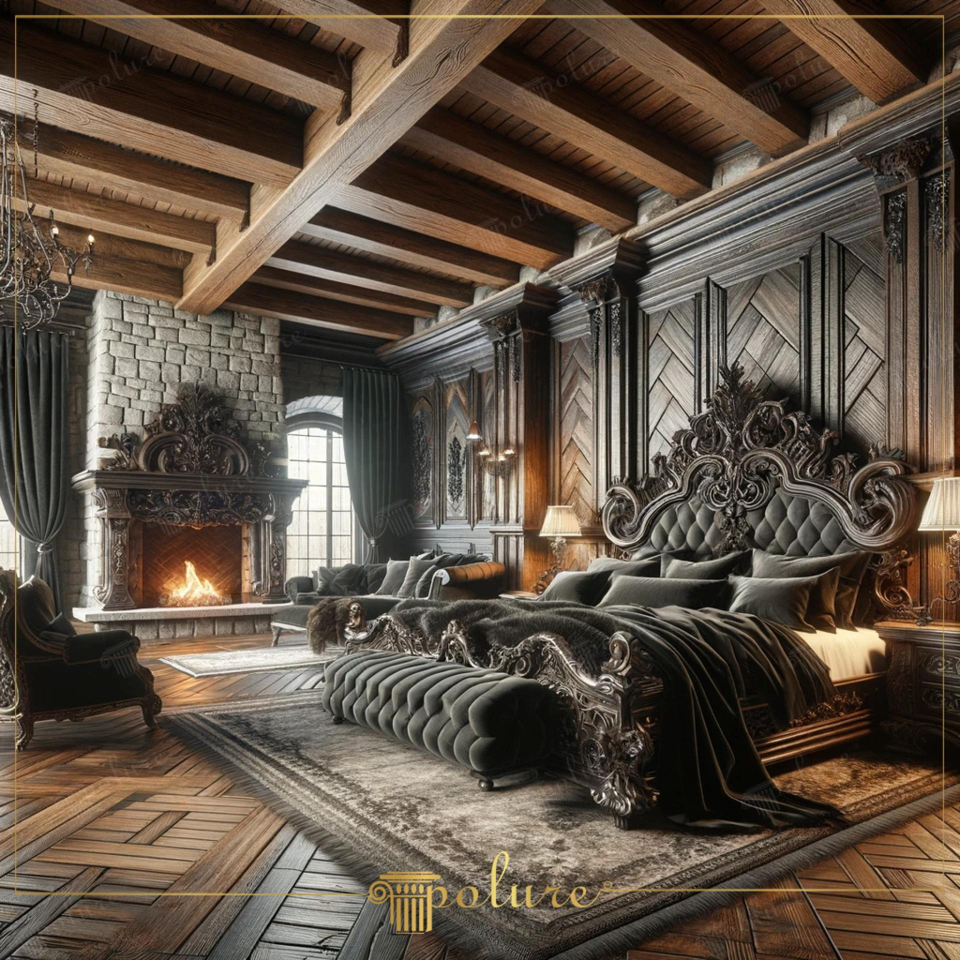 Interno di camera da letto rustica di lusso con pareti antracite, travi Polure e pannelli decorativi P1981.