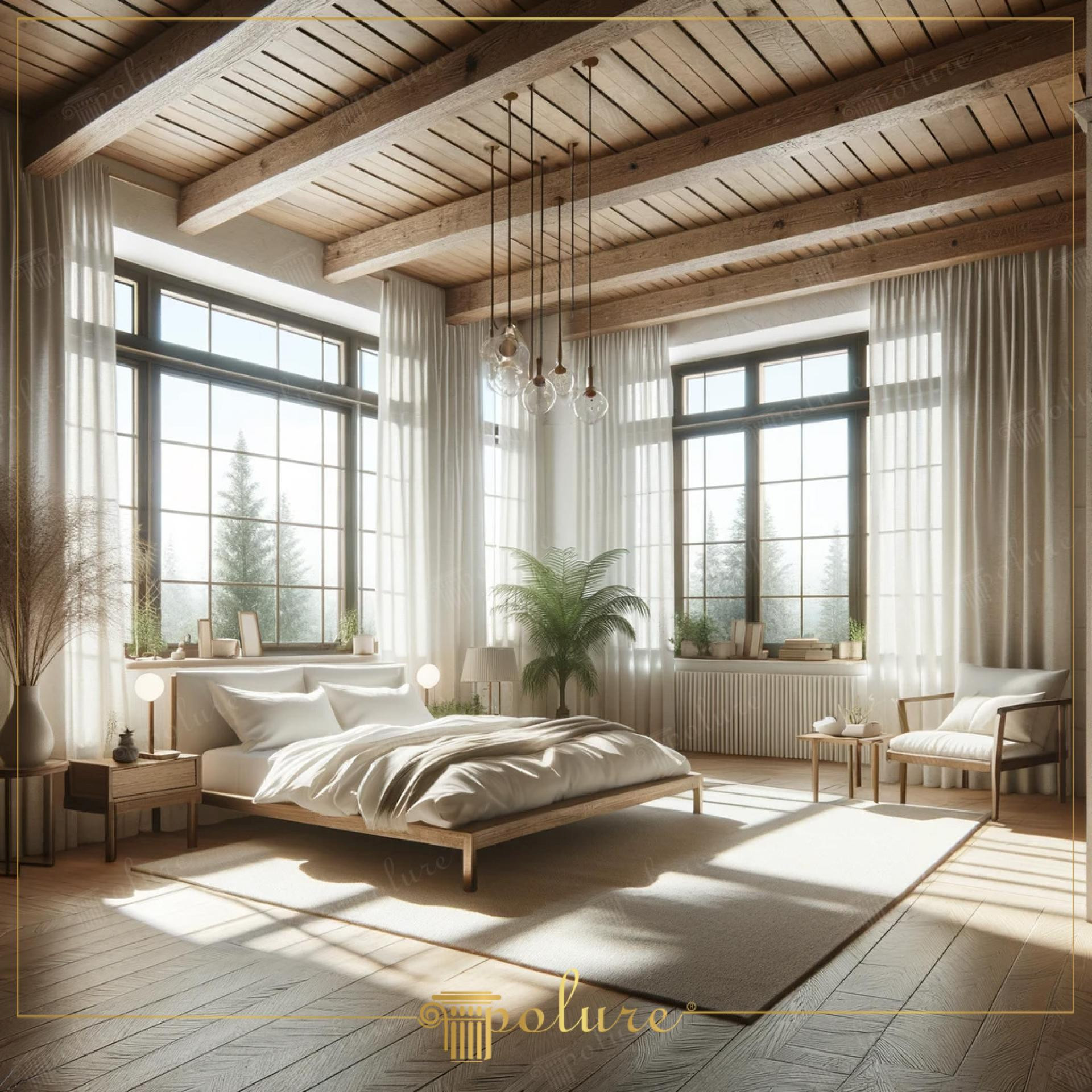 Camera da letto scandinava con griglia di travi rustiche in poliuretano P1981 effetto legno e illuminazione naturale.