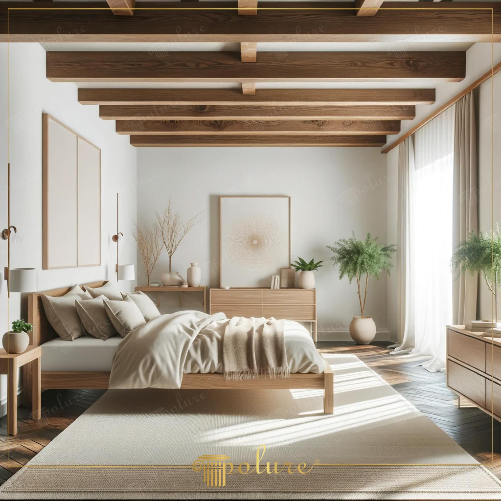 Interno di una camera da letto rustica moderna con travi a soffitto decorative Polure effetto legno e mobili in rovere.