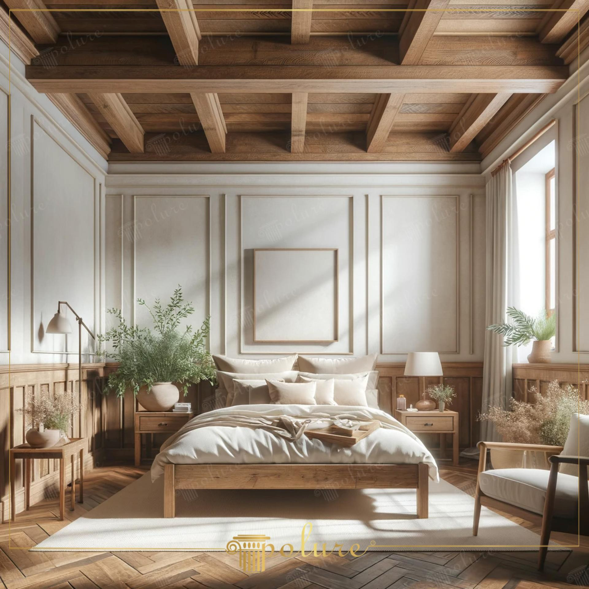 Interno camera da letto rustica con travi in poliuretano Polure, modanature P1981 e parquet a spina di pesce.