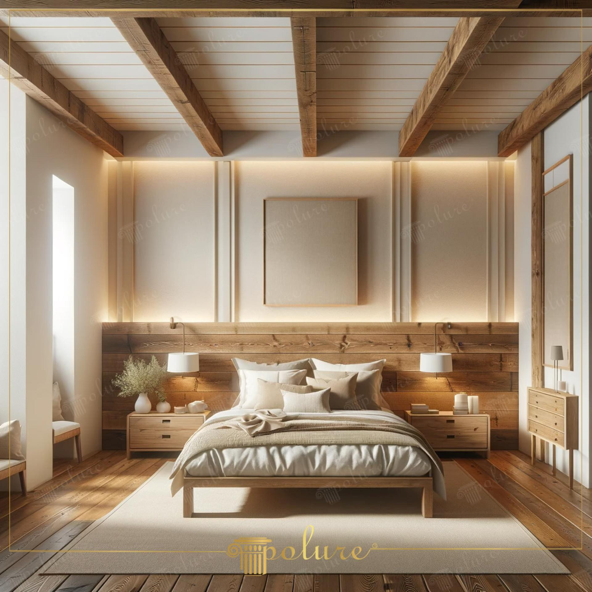 Camera da letto rustico moderna con travi a soffitto in poliuretano Polure P1981 e illuminazione a LED integrata.