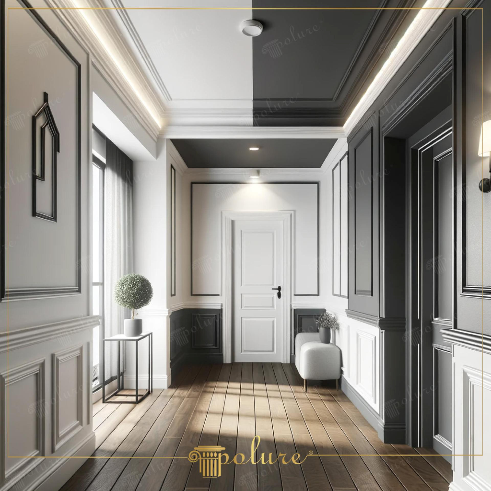 Decorazione moderna del corridoio con modanature a contrasto bianco e nero e pannelli boiserie in poliuretano.