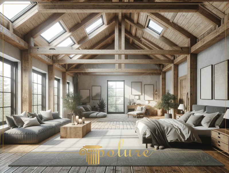 Camera Loft con Travi Rustiche e Tronchi in Poliuretano
