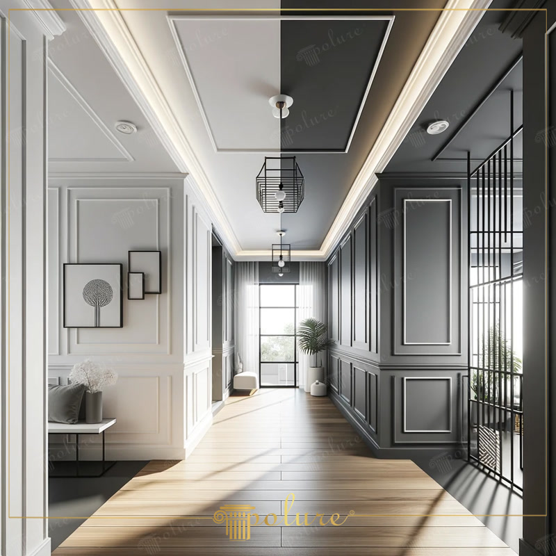 Transizioni Monocromatiche: Design Drammatico del Corridoio con Boiserie