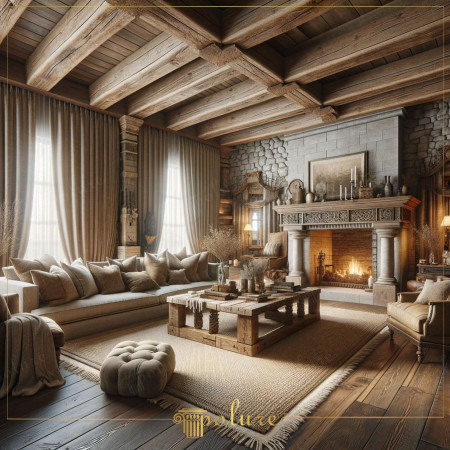 Travi a Soffitto Rustiche Effetto Legno e Design Angolo Camino