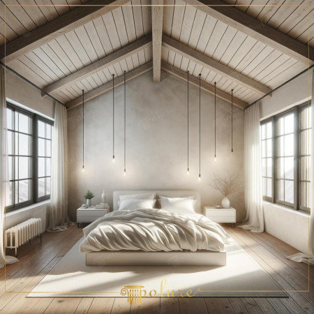 Camera da Letto Mansardata con Travi in Poliuretano Effetto Legno