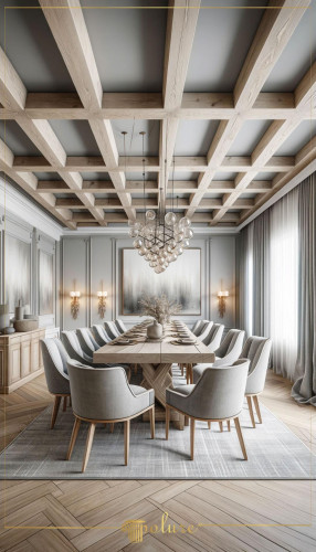 Decorazione Sala da Pranzo Neoclassica con Travi a Cassettoni