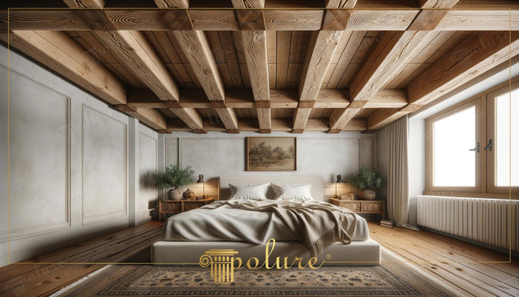 Design Camera da Letto con Travi a Soffitto Rustiche in Poliuretano