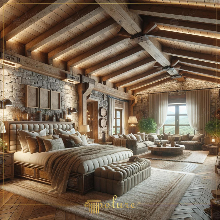 Concetto Camera da Letto Loft con Travi in Poliuretano in Stile Rustico