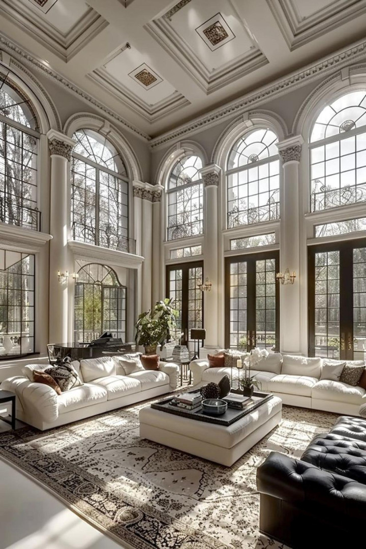 Neoclassical living room featuring Polure polyurethane arched windows, P83000 columns, and P5220 decorative ceiling moldings.