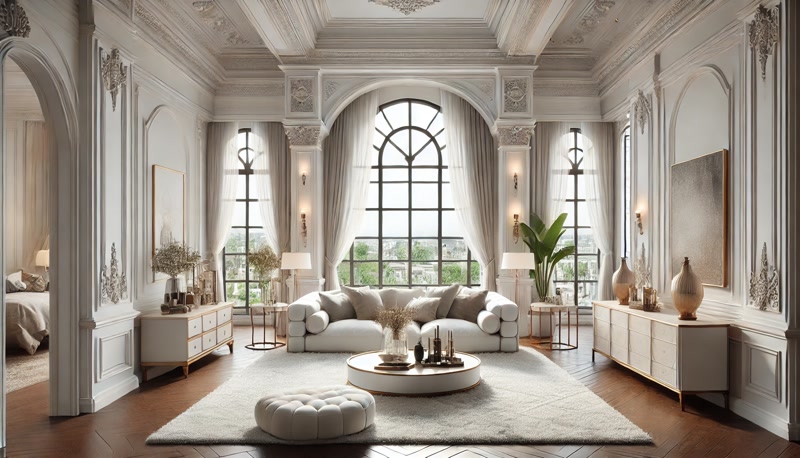 Salone di Lusso con Finestre ad Arco e Pannelli Parete in Poliuretano
