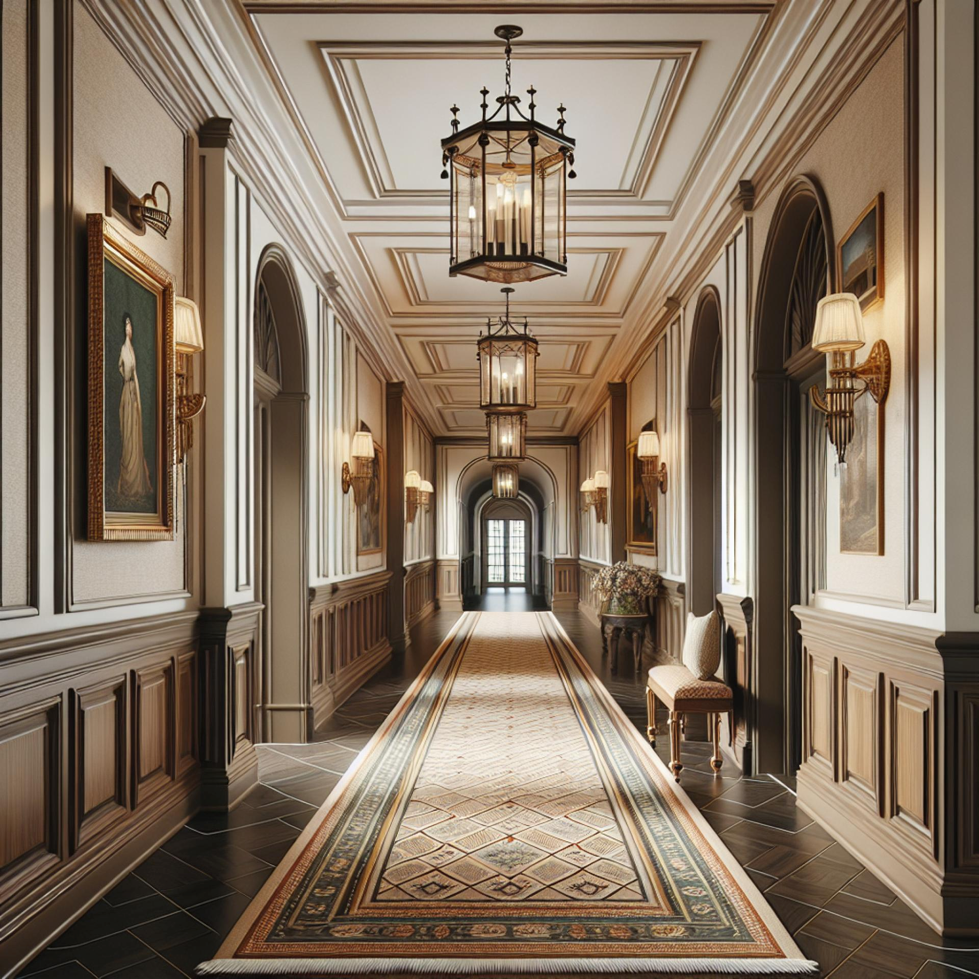 Interno di un corridoio neoclassico con boiserie e cornici in poliuretano Polure e passaggi ad arco decorati.