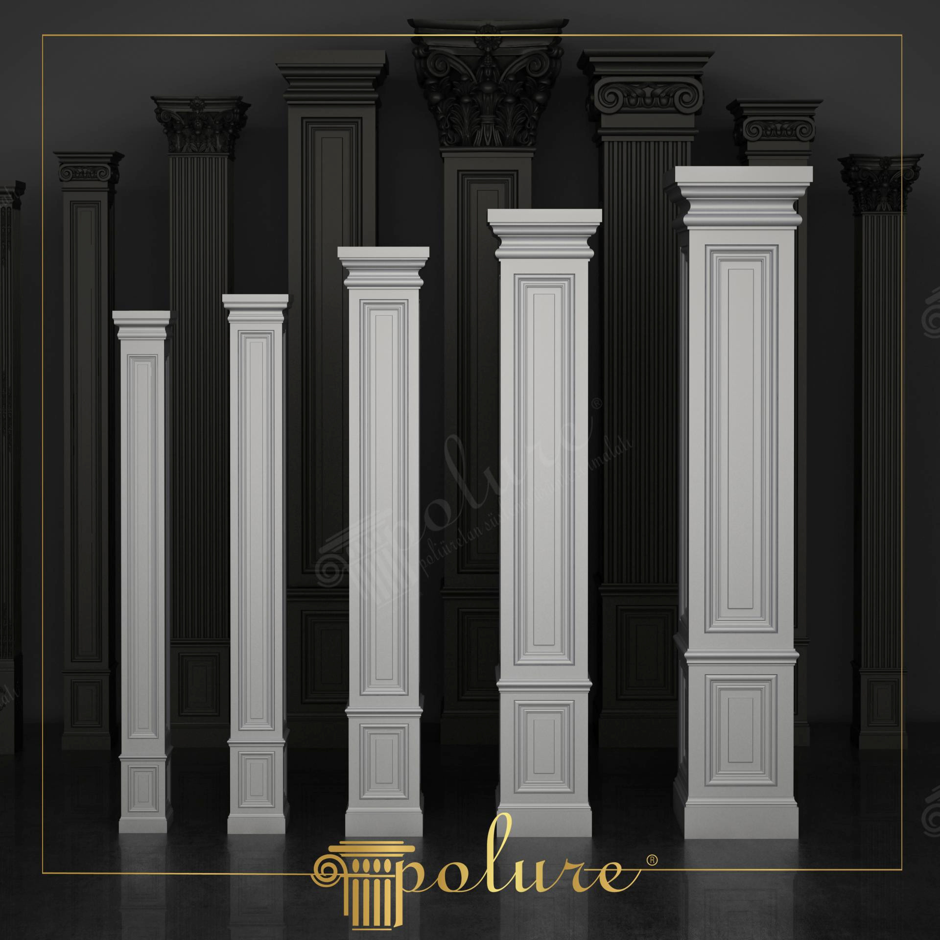 Collezione di cinque lesene modulari in poliuretano bianco di diverse dimensioni con capitelli e basi decorative su sfondo scuro.