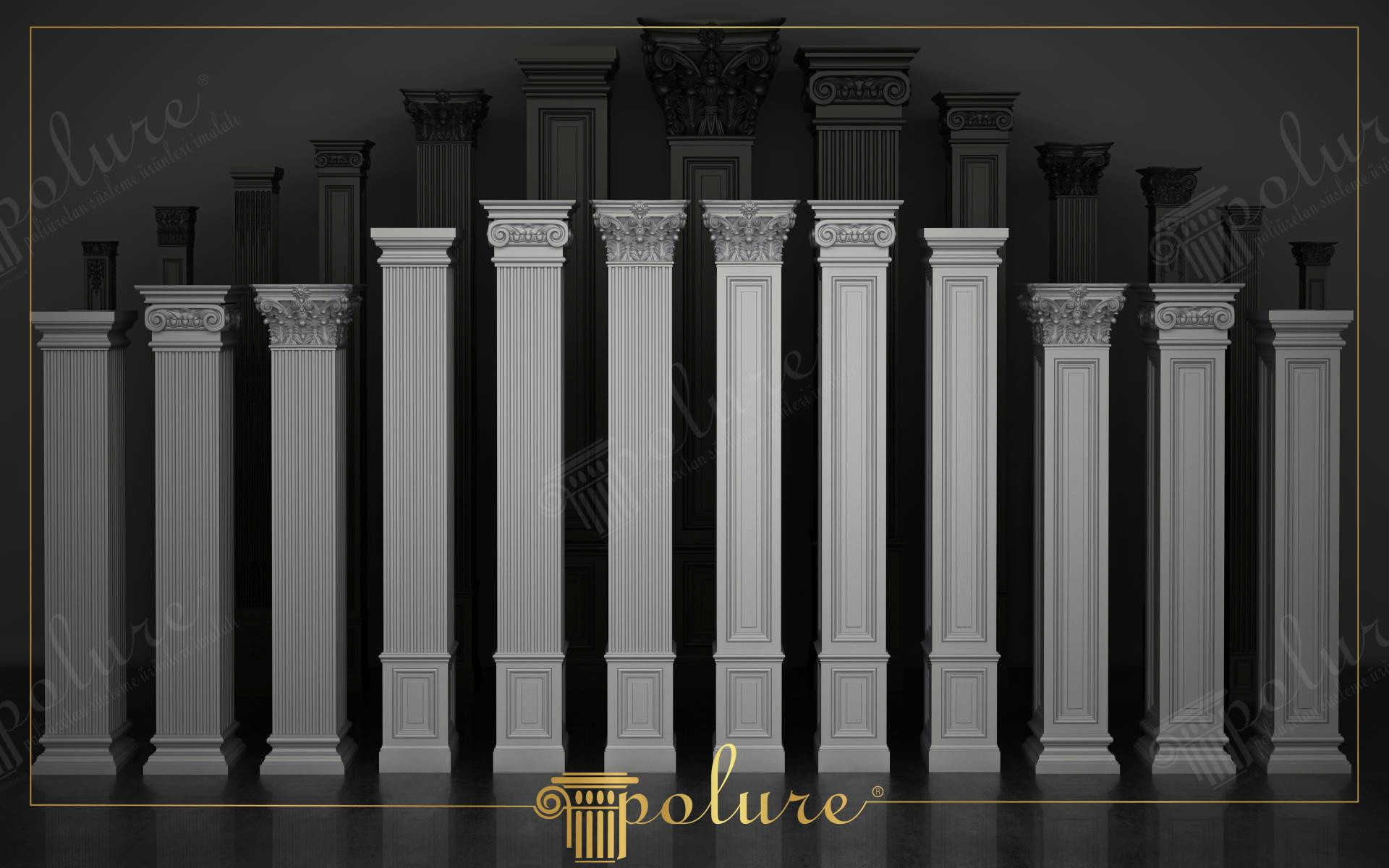 Collezione di pilastri bianchi in poliuretano Polure con fusti scanalati e capitelli corinzi su sfondo scuro elegante.