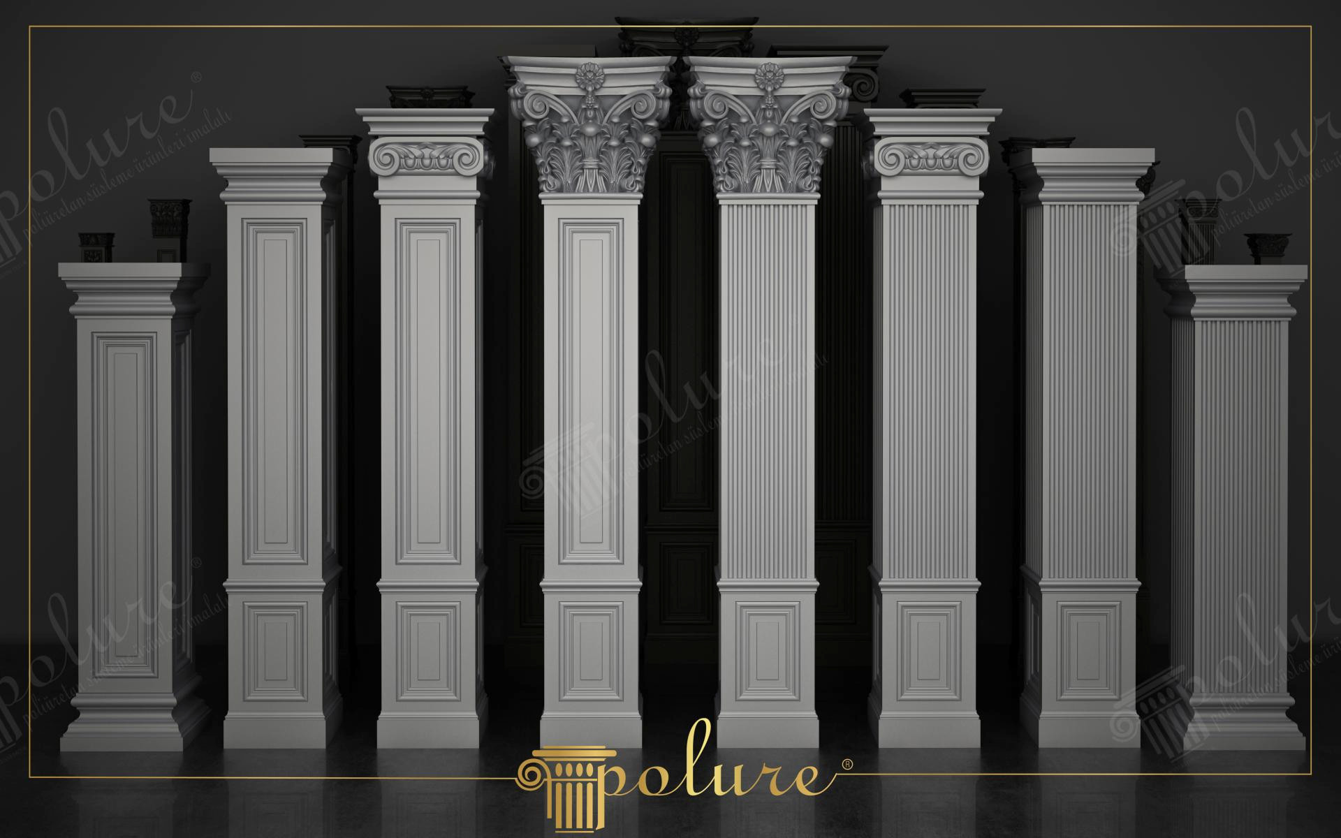 Collezione di pilastri in poliuretano Polure con stili Corinzio P5060A e Ionico P5060I su sfondo scuro elegante.