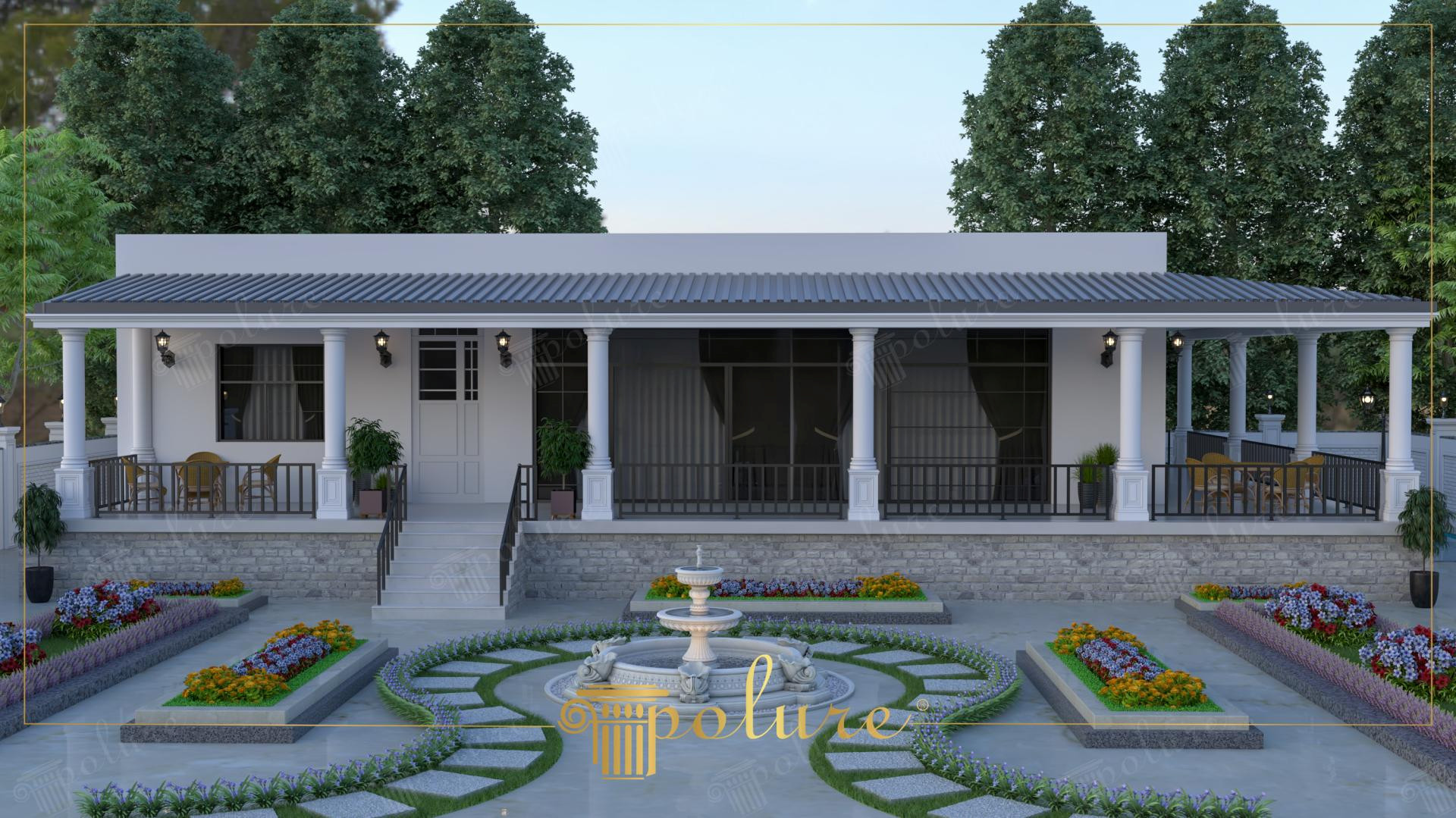 Casa indipendente moderna con colonne in poliuretano Polure, stipiti decorativi e una grande veranda con texture in pietra.