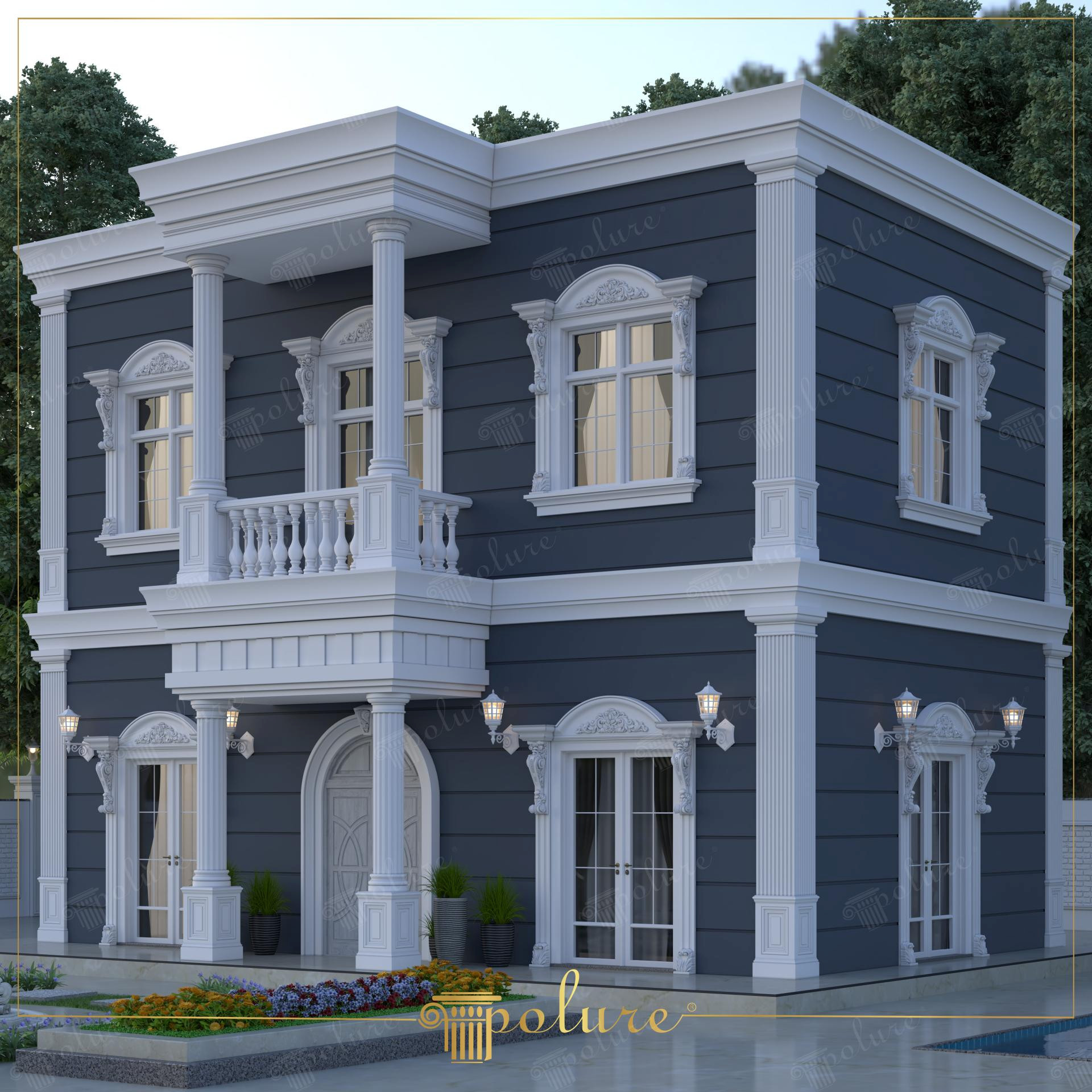 Esterno villa moderna con rivestimento antracite e decorazioni Polure in poliuretano come colonne e cimase.