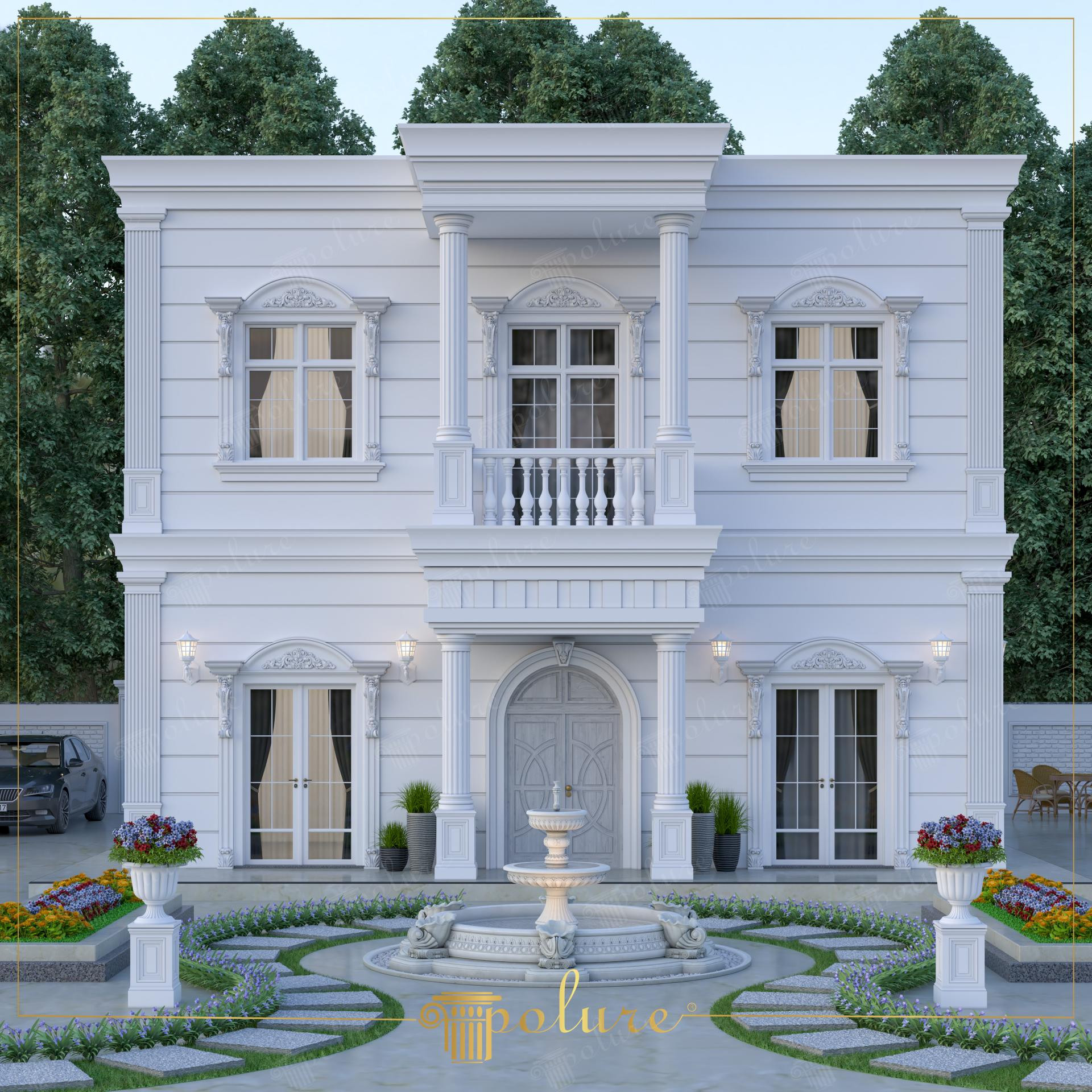 Esterno villa neoclassica con cornici finestre Polure P1462A, ingresso ad arco KPEN29 e facciata bianca simmetrica.