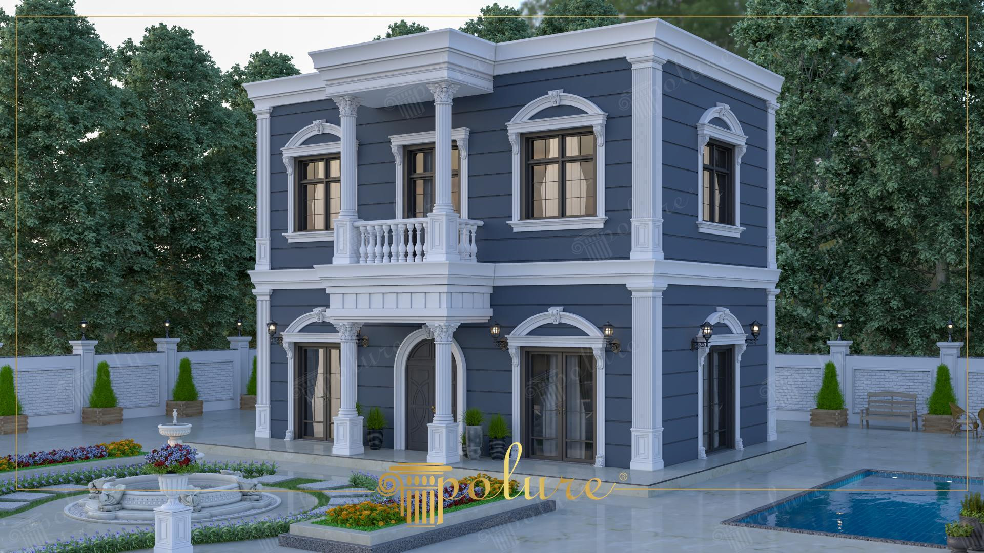 Facciata di villa moderna con pannelli antracite e decorazioni in poliuretano bianco Polure, colonne e frontoni.
