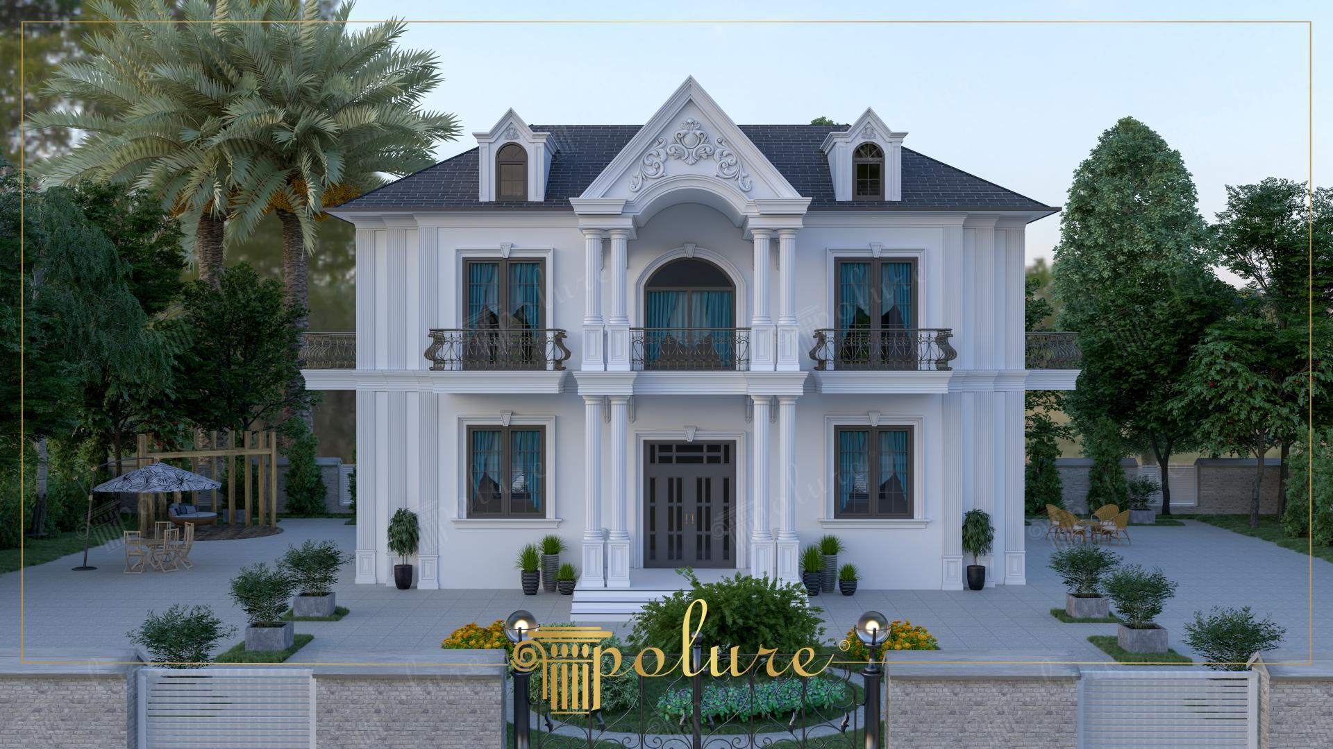 Esterno di villa neoclassica di lusso con colonne in poliuretano Polure P80235, frontoni P2842 e cornici bianche decorate.
