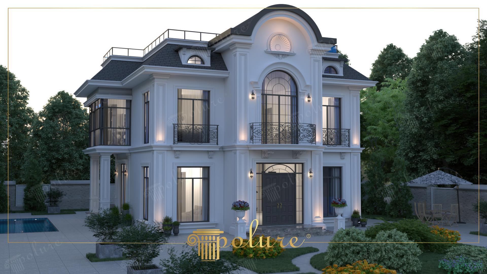 Facciata di villa neoclassica di lusso con paraste Polure, cornici per finestre ed elementi decorativi in poliuretano bianco.