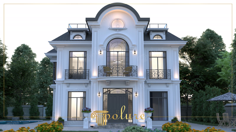 Facciata di Villa Neoclassica con Decorazioni Polure
